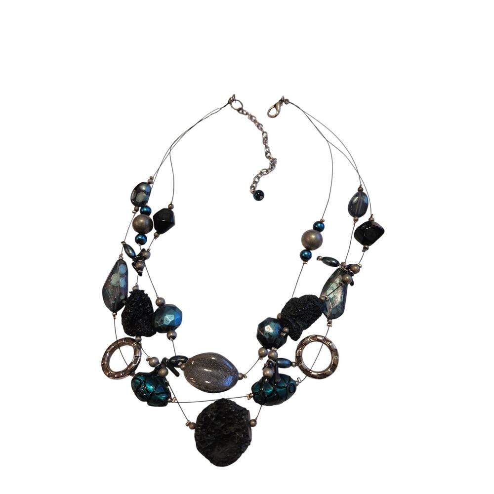 Boho Statement Necklace Black Blue Acrylic Beads Multi Strand Chunky